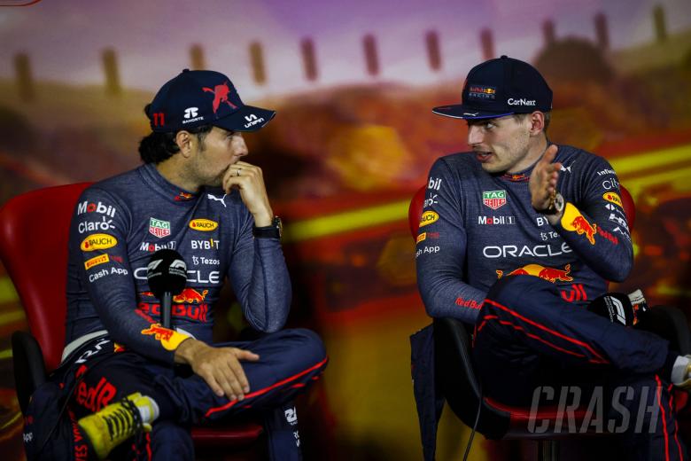 (L to R): Sergio Perez (MEX) Red Bull Racing with Max Verstappen (NLD) Red Bull Racing in the post race FIA Press