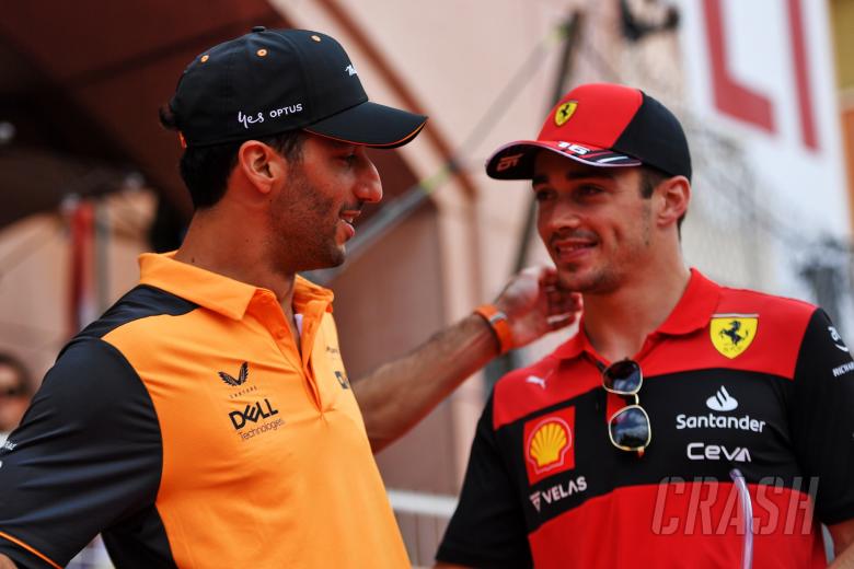 (L to R): Daniel Ricciardo (AUS) McLaren with Charles Leclerc (MON) Ferrari on the drivers parade. Formula 1 World