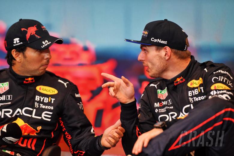 (L to R): Sergio Perez (MEX) Red Bull Racing and Max Verstappen (NLD) Red Bull Racing in the post race FIA Press