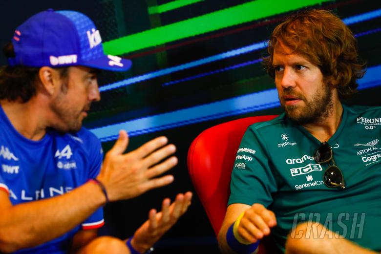 (L to R): Fernando Alonso (ESP) Alpine F1 Team and Sebastian Vettel (GER) Aston Martin F1 Team in the FIA Press