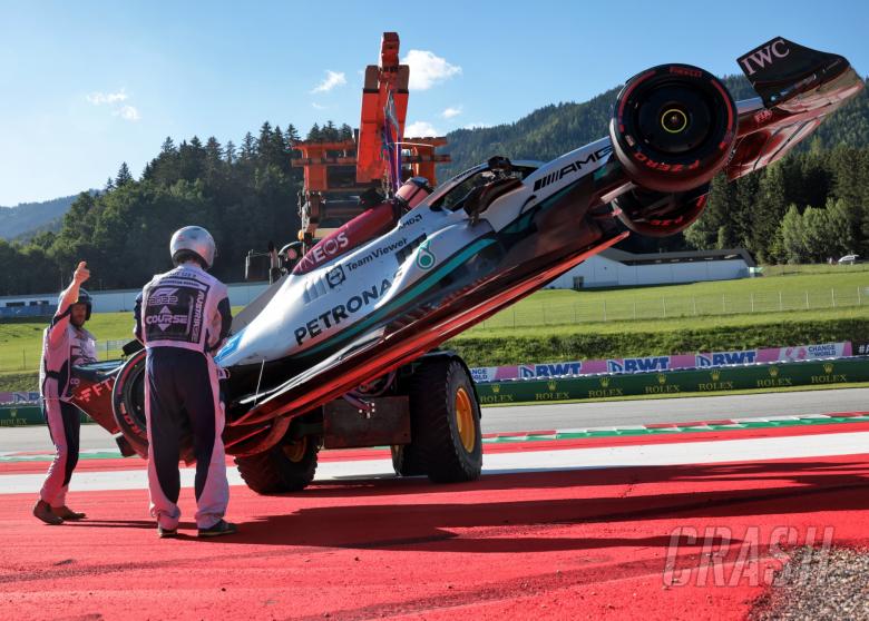 The damaged Mercedes AMG F1 W13 of George Russell (GBR) Mercedes AMG F1, who crashed out of qualifying. Formula 1 World