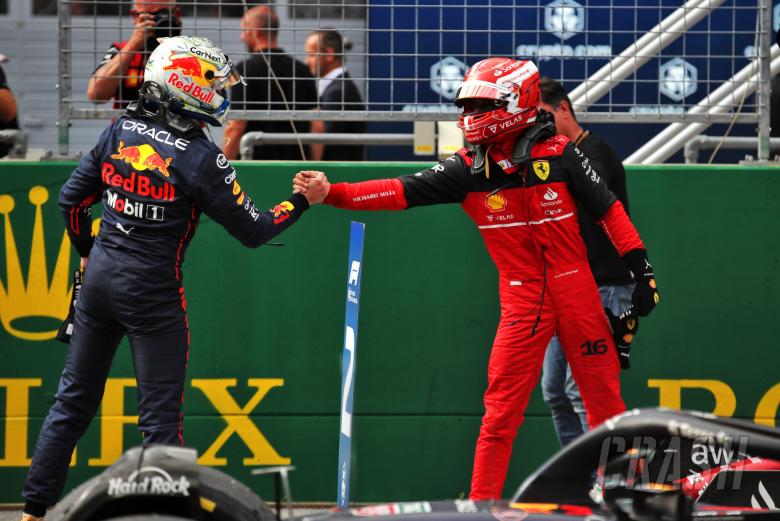 (L to R): Max Verstappen (NLD) Red Bull Racing celebrates in parc ferme finishing first in sprint with second placed Charles