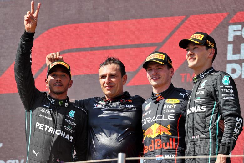 The podium (L to R): Lewis Hamilton (GBR) Mercedes AMG F1, second; Pierre Wache (FRA) Red Bull Racing Technical Director;