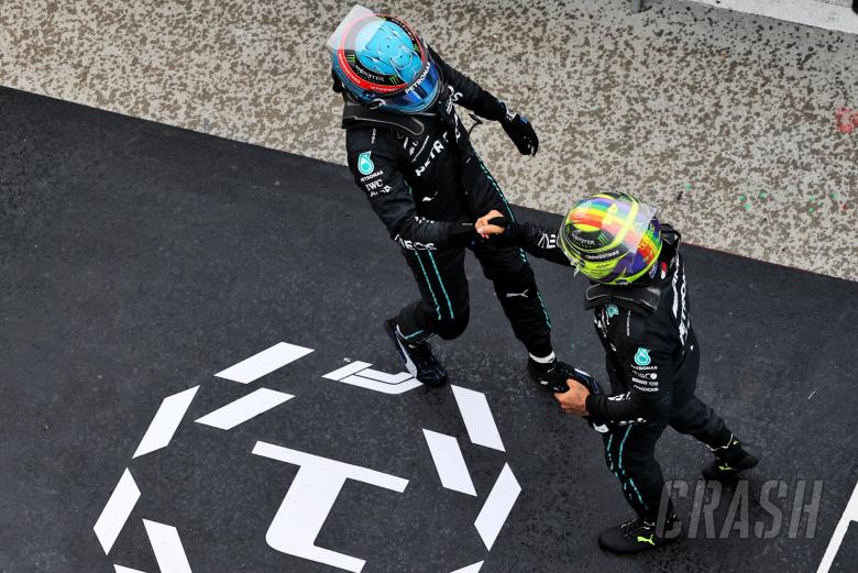 (L to R): George Russell (GBR) Mercedes AMG F1 celebrates his third position with second placed team mate Lewis Hamilton