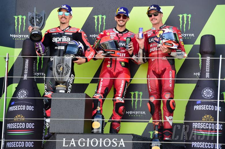 Francesco Bagnaia, Maverick Vinales, Jack Miller podium, MotoGP race, British MotoGP, 7 August