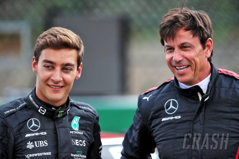 (L to R): George Russell (GBR) Mercedes AMG F1 and Toto Wolff (GER) Mercedes AMG F1 Shareholder and Executive Director.
