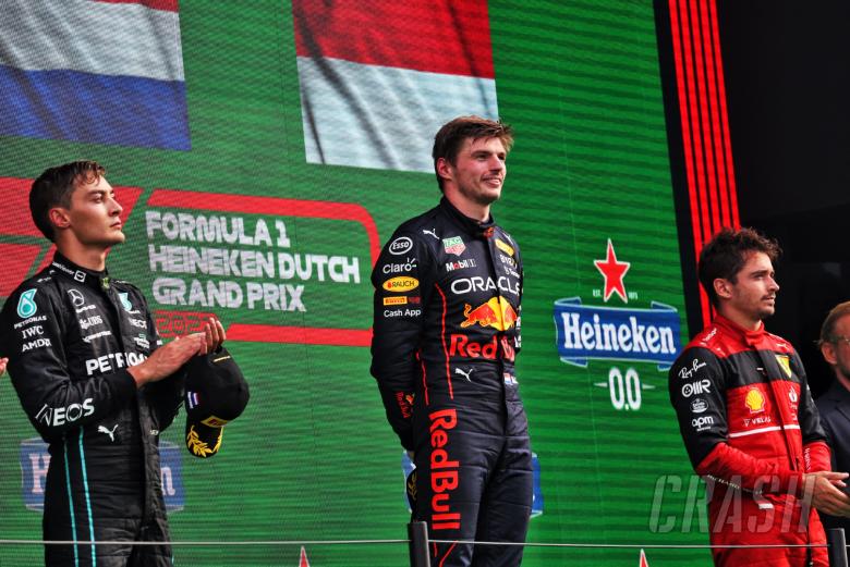 The podium (L to R): George Russell (GBR) Mercedes AMG F1, second; Max Verstappen (NLD) Red Bull Racing, race winner;