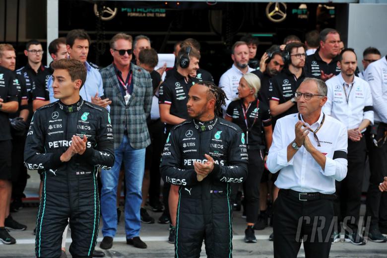 (L to R): George Russell (GBR) Mercedes AMG F1; Lewis Hamilton (GBR) Mercedes AMG F1; and Stefano Domenicali (ITA) Formula