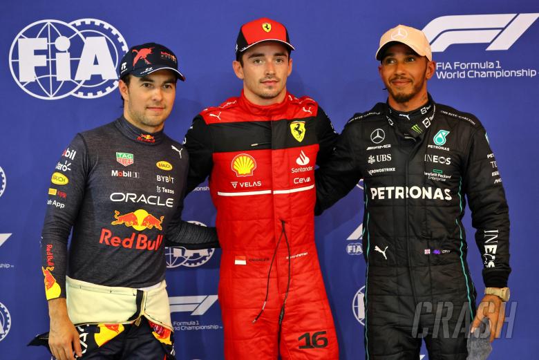 Qualifying top three in parc ferme (L to R): Sergio Perez (MEX) Red Bull Racing, second; Charles Leclerc (MON) Ferrari, pole