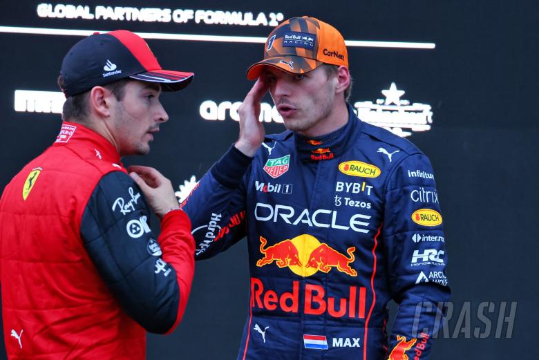 (L to R): Charles Leclerc (MON) Ferrari with race winner Max Verstappen (NLD) Red Bull Racing in parc ferme. Formula 1