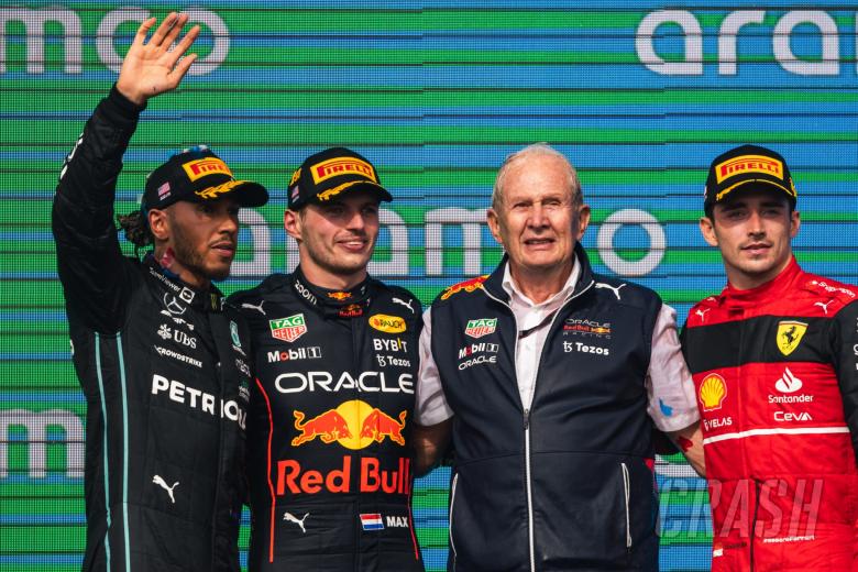 The podium (L to R): Lewis Hamilton (GBR) Mercedes AMG F1, second; Max Verstappen (NLD) Red Bull Racing, race winner; Dr
