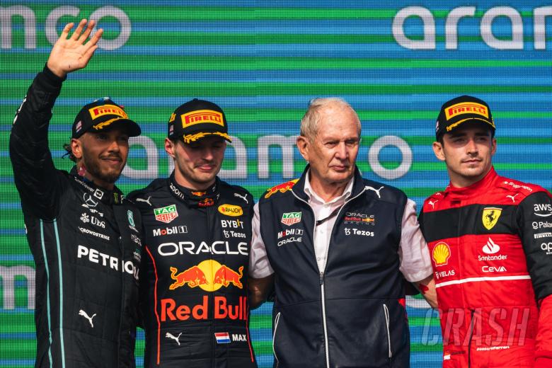 The podium (L to R): Lewis Hamilton (GBR) Mercedes AMG F1, second; Max Verstappen (NLD) Red Bull Racing, race winner; Dr