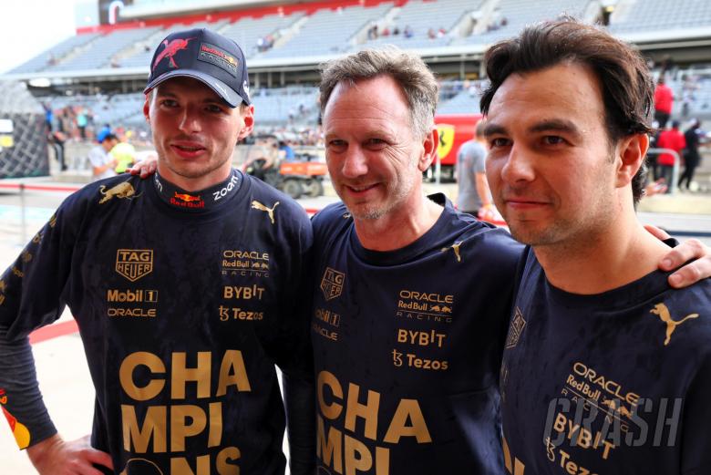 (L to R): Max Verstappen (NLD) Red Bull Racing; Christian Horner (GBR) Red Bull Racing Team Principal; and Sergio Perez