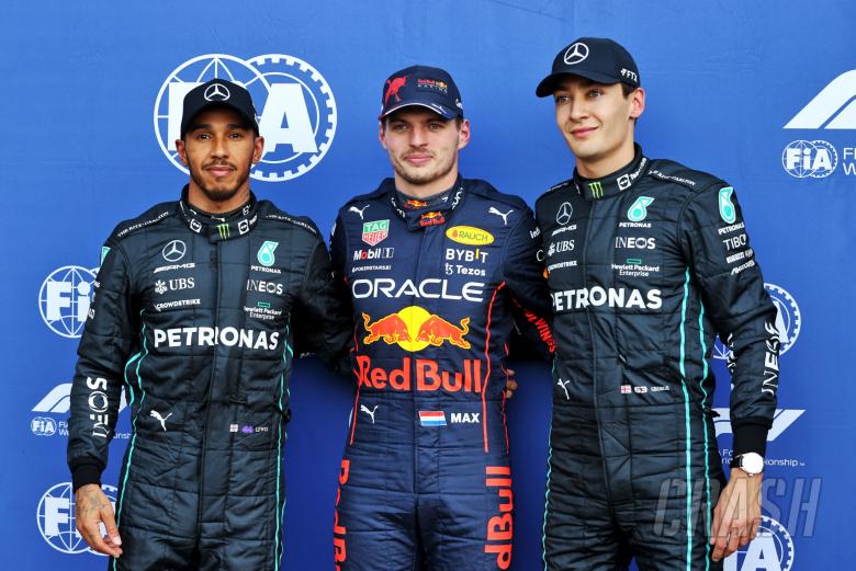 Qualifying top three in parc ferme (L to R): Lewis Hamilton (GBR) Mercedes AMG F1, third; Max Verstappen (NLD) Red Bull