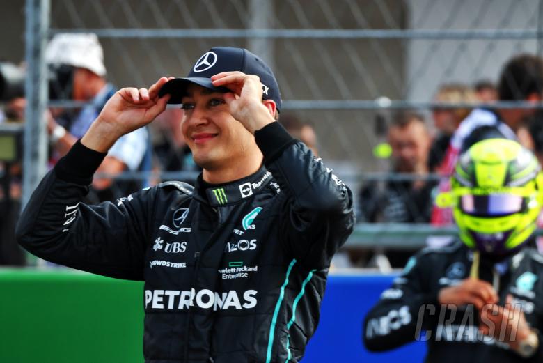 George Russell (GBR) Mercedes AMG F1 celebrates his second position in qualifying parc ferme. Formula 1 World