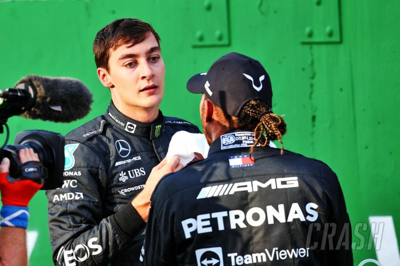 (L to R): George Russell (GBR) Mercedes AMG F1 with team mate Lewis Hamilton (GBR) Mercedes AMG F1 in Sprint parc ferme.
