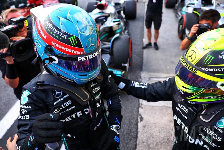 George Russell (GBR) Mercedes AMG F1 celebrates finishing first in Sprint parc ferme with third placed team mate Lewis