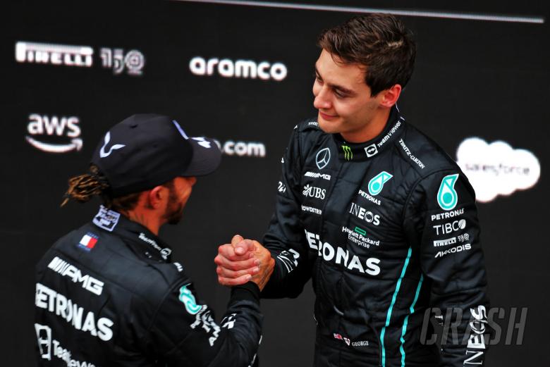 Race winner George Russell (GBR) Mercedes AMG F1 with second placed team mate Lewis Hamilton (GBR) Mercedes AMG F1 in parc