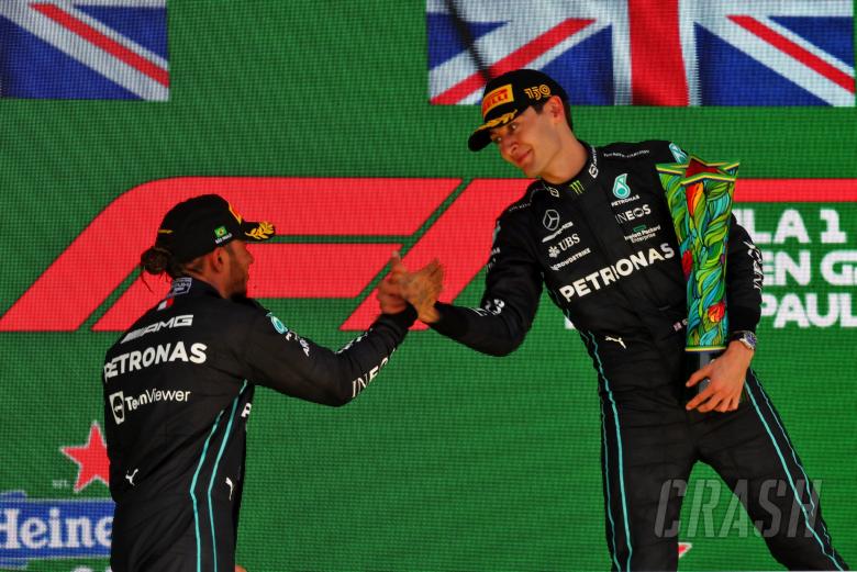 (L to R): second placed Lewis Hamilton (GBR) Mercedes AMG F1 and race winner George Russell (GBR) Mercedes AMG F1 on the