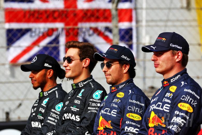 (L to R): Lewis Hamilton (GBR) Mercedes AMG F1; George Russell (GBR) Mercedes AMG F1; Sergio Perez (MEX) Red Bull Racing;