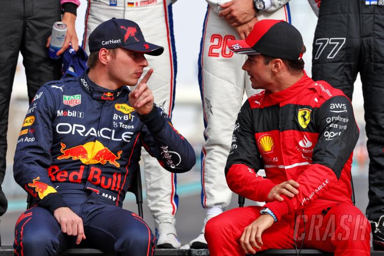 (L to R): Max Verstappen (NLD) Red Bull Racing and Charles Leclerc (MON) Ferrari at the end of year drivers&#039; photograph.
