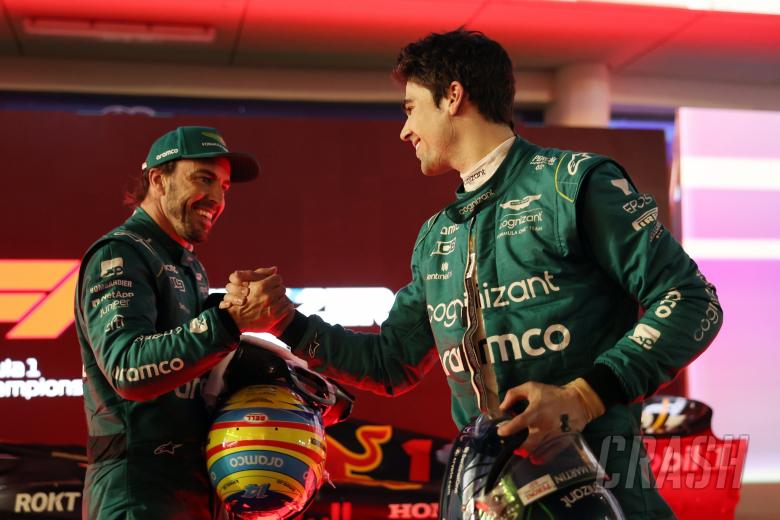 (L to R): Fernando Alonso (ESP) Aston Martin F1 Team celebrates his third position with team mate Lance Stroll (CDN) Aston
