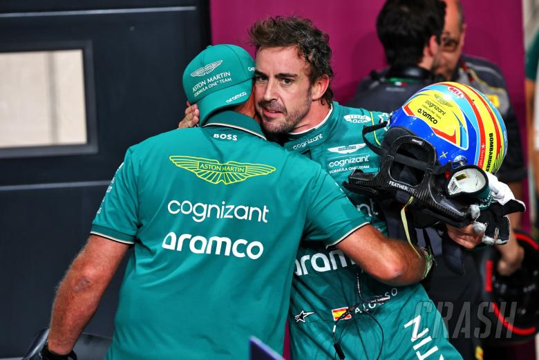 Fernando Alonso (ESP) Aston Martin F1 Team celebrates his third position in qualifying parc ferme. Formula 1 World