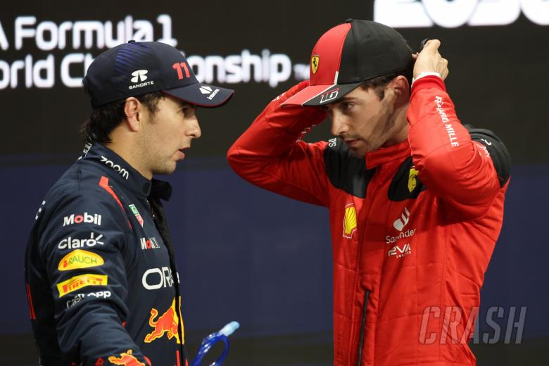 (L to R): Sergio Perez (MEX) Red Bull Racing with Charles Leclerc (MON) Ferrari in qualifying parc ferme. Formula 1 World