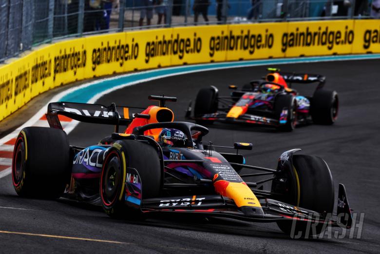 Max Verstappen (NLD) Red Bull Racing RB19 leads team mate Sergio Perez (MEX) Red Bull Racing RB19. Formula 1 World