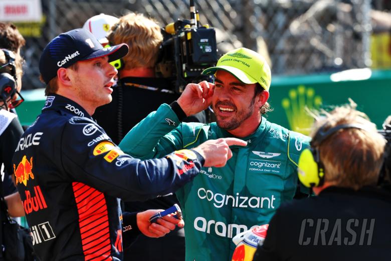 (L to R): Pole sitter Max Verstappen (NLD) Red Bull Racing with second placed Fernando Alonso (ESP) Aston Martin F1 Team in