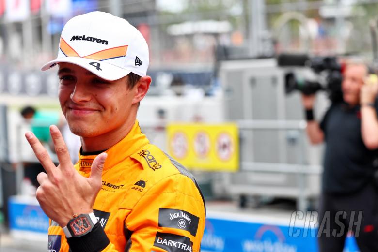 Lando Norris (GBR) McLaren celebrates his third position in qualifying parc ferme. Formula 1 World Championship, Rd 8,