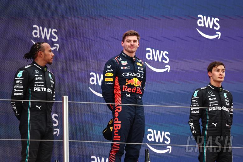 1st place Max Verstappen (NLD) Red Bull Racing RB19, 2nd place Lewis Hamilton (GBR) Mercedes AMG F1 W14 and 3rd place George