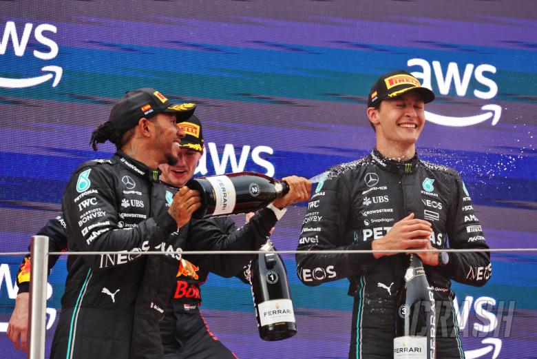 (L to R): Lewis Hamilton (GBR) Mercedes AMG F1 celebrates his second position on the podium with third placed team mate