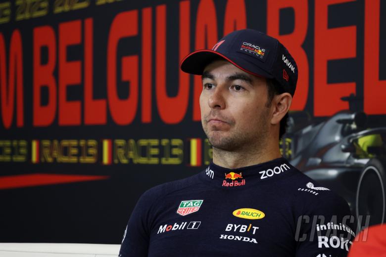 Sergio Perez (MEX) Red Bull Racing in the post race FIA Press Conference. Formula 1 World Championship, Rd 13, Belgian