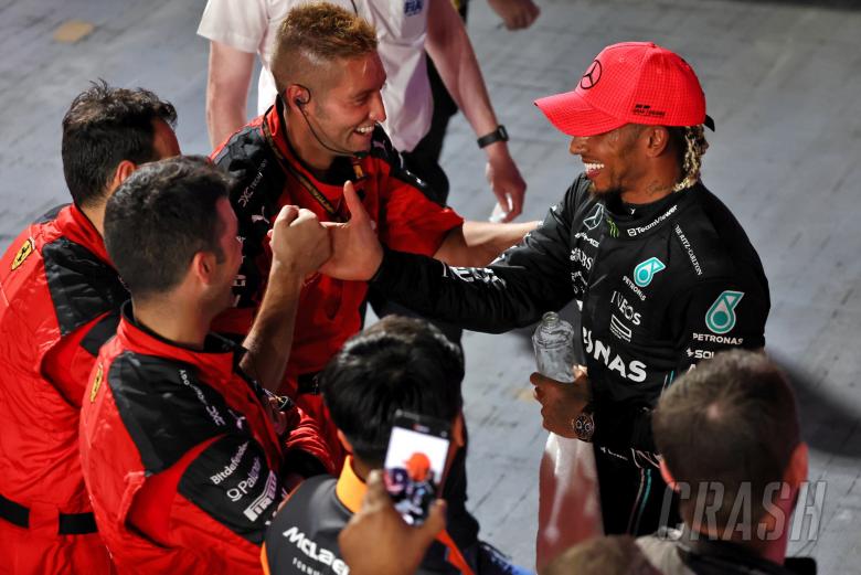 Lewis Hamilton (GBR) Mercedes AMG F1 celebrates his third position with the Ferrari team in parc ferme. Formula 1 World