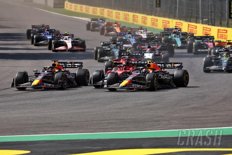 (L to R): Max Verstappen (NLD) Red Bull Racing RB19; Charles Leclerc (MON) Ferrari SF-23; and Sergio Perez (MEX) Red Bull