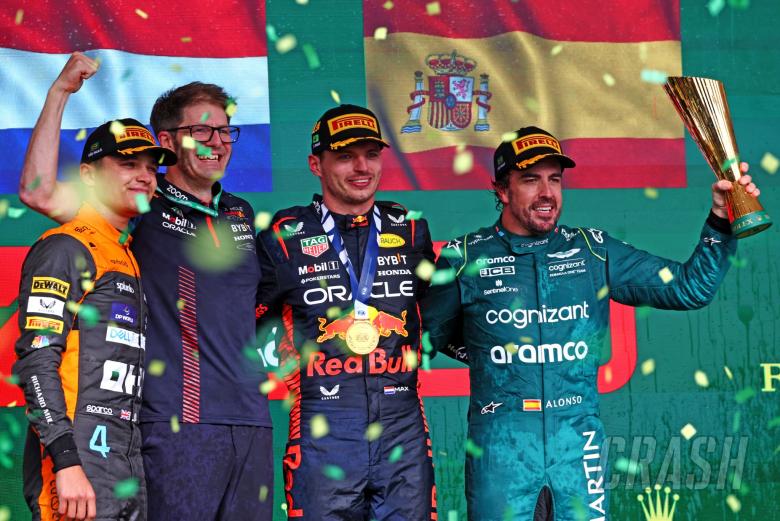 The podium (L to R): Lando Norris (GBR) McLaren, second; Jeff Calam (GBR) Red Bull Racing Senior Projects Engineer; Max