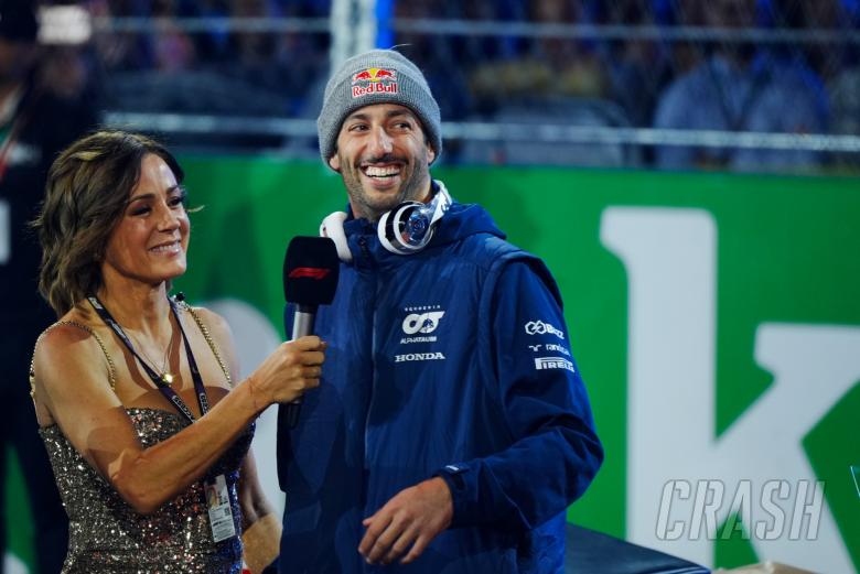 (L to R): Natalie Pinkham (GBR) Sky Sports Presenter with Daniel Ricciardo (AUS) AlphaTauri on the drivers&#039; parade.
