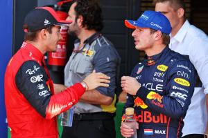 (L to R): Charles Leclerc (MON) Ferrari with pole sitter Max Verstappen (NLD) Red Bull Racing in qualifying parc ferme.
