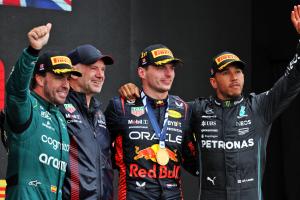 The podium (L to R): Fernando Alonso (ESP) Aston Martin F1 Team, second; Adrian Newey (GBR) Red Bull Racing Chief Technical