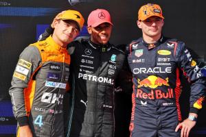 Qualifying top three in parc ferme (L to R): Lando Norris (GBR) McLaren, third; Lewis Hamilton (GBR) Mercedes AMG F1, pole