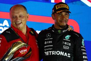 (L to R): Frederic Vasseur (FRA) Ferrari Team Principal and Lewis Hamilton (GBR) Mercedes AMG F1 on the grid. Formula 1