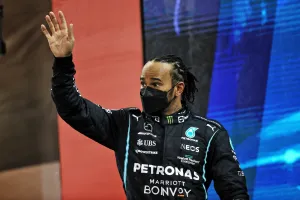 Second placed Lewis Hamilton (GBR) Mercedes AMG F1 on the podium.