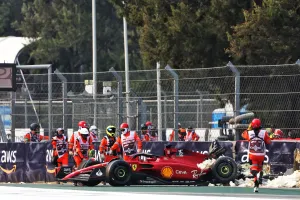The damaged Ferrari F1-75 of Charles Leclerc (MON) Ferrari after he crashed in the second practice session. Formula 1