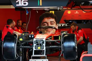 Ferrari SF-23 of Charles Leclerc (MON) Ferrari being prepared with a giant cut out of his head in the cockpit. Formula 1