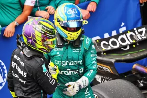 (L to R): Third placed Lewis Hamilton (GBR) Mercedes AMG F1 with second placed Fernando Alonso (ESP) Aston Martin F1 Team in