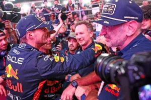 Max Verstappen (NLD) Red Bull Racing celebrates winning his third World Championship in Sprint parc ferme with Christian