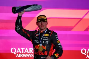 Race winner Max Verstappen (NLD) Red Bull Racing celebrates on the podium. Formula 1 World Championship, Rd 18, Qatar