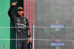 Lewis Hamilton (GBR) Mercedes AMG F1 celebrates his second position on the podium. Formula 1 World Championship, Rd 20,