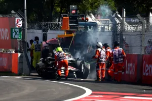 The damaged Haas VF-23 of Kevin Magnussen (DEN) Haas F1 Team, who crashed out of the race. Formula 1 World Championship,